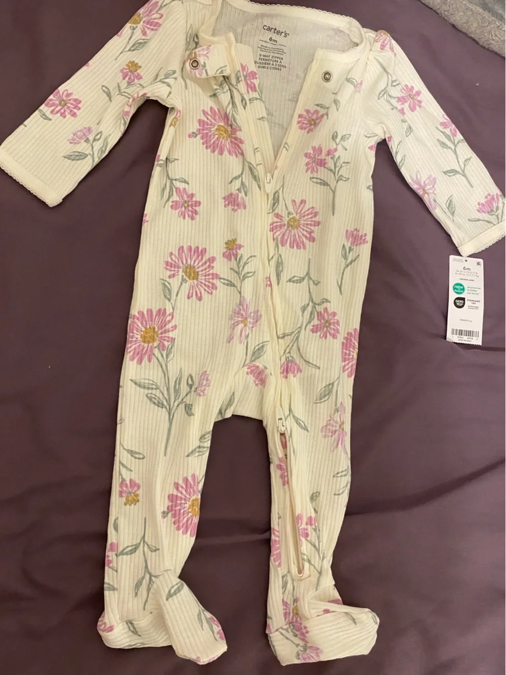 Carter's Cream Ribbed Baby Romper with Pink Floral Print